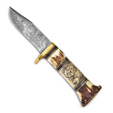 Luxury Giftware Damascus Steel 256 Layer Fixed Blade Lion and Elephant Scrimshaw Handle Knife with Leather Sheath and Gift Box