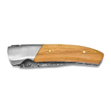 Luxury Giftware Damascus Steel 256 Layer Folding Blade Olive Wood Handle Knife with Leather Sheath and Wooden Gift Box