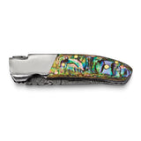Luxury Giftware Damascus Steel 256 Layer Folding Blade Abalone Handle Knife with Leather Sheath and Wooden Gift Box