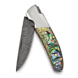 Luxury Giftware Damascus Steel 256 Layer Folding Blade Abalone Handle Knife with Leather Sheath and Wooden Gift Box