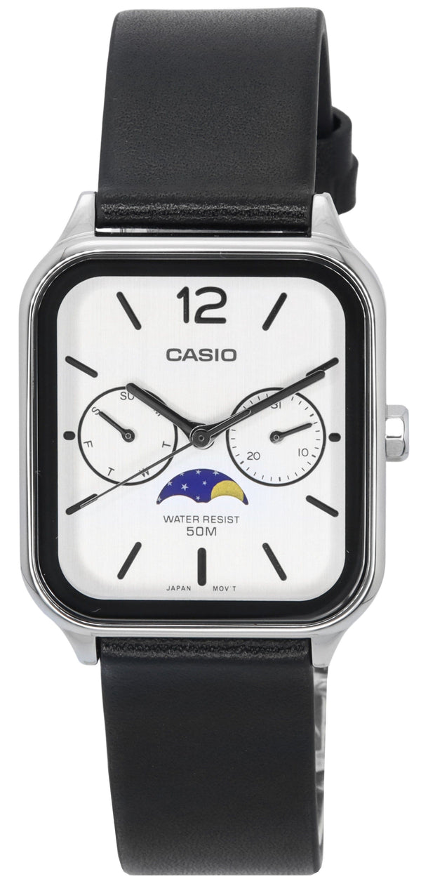 Casio Standard Analog Moon Phase Leather Strap White Dial Quartz MTP-M305L-7A Men's Watch