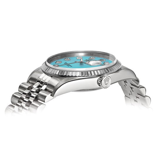 Swiss Crown™ USA Pre-owned Rolex-Independently Certified Steel 36mm Jubilee Datejust Teal Diamond Dial and 18k Fluted Bezel Watch