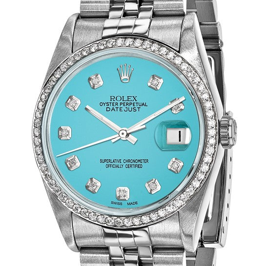 Swiss Crown™ USA Pre-owned Rolex-Independently Certified Steel 36mm Jubilee Datejust Teal Diamond Dial and 18k Fluted Bezel Watch
