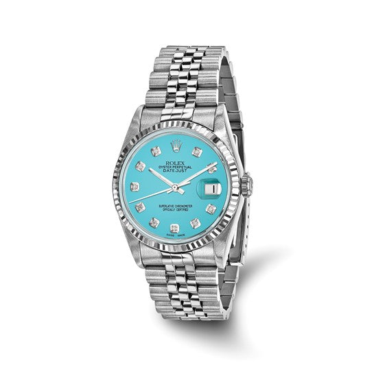 Swiss Crown™ USA Pre-owned Rolex-Independently Certified Steel 36mm Jubilee Datejust Teal Diamond Dial and 18k Fluted Bezel Watch