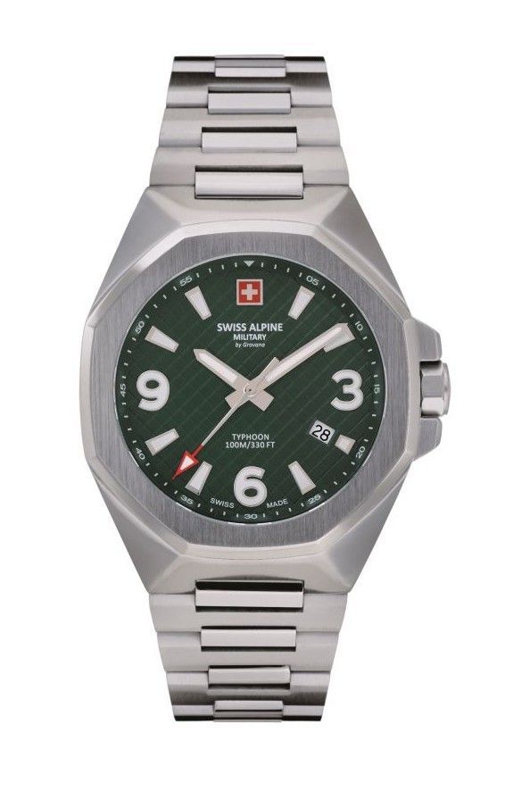 Swiss Alpine Military Typhoon Stainless Steel Green Dial Quartz 7005.1134 100M Mens Watch