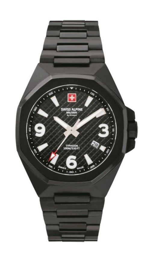 Swiss Alpine Military Typhoon Stainless Steel Black Dial Quartz 7005.1177 100M Mens Watch