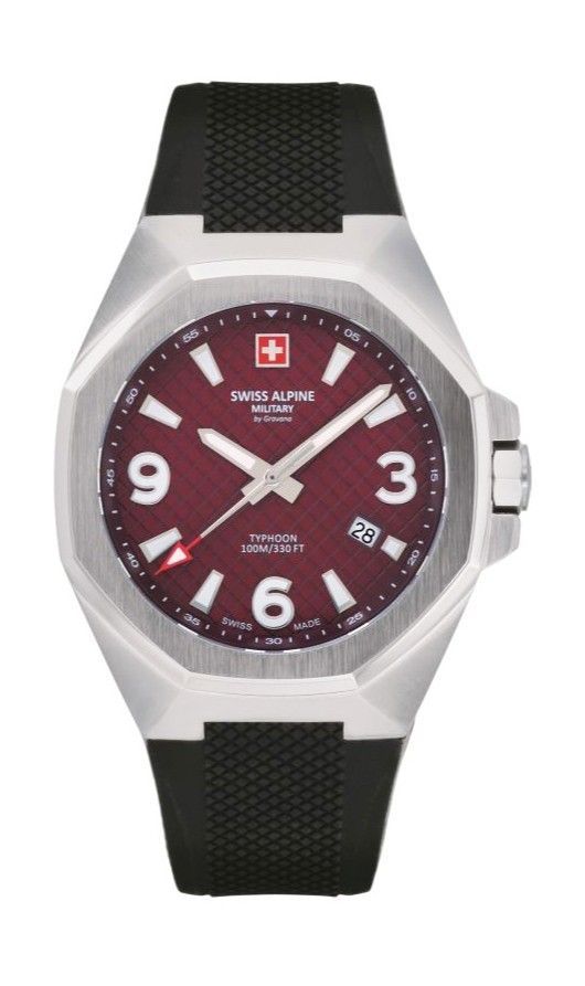 Swiss Alpine Military Typhoon Polyurethene Strap Burgundy Dial Quartz 7005.1836 100M Mens Watch