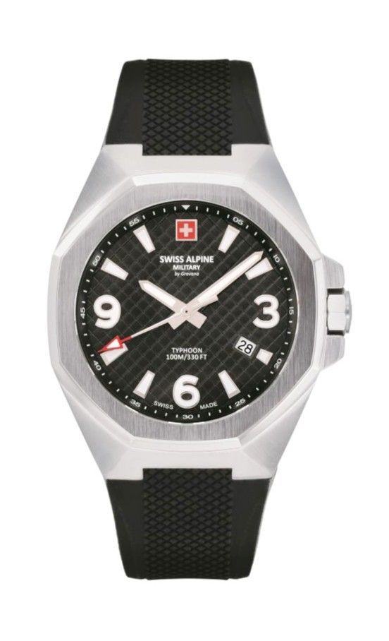 Swiss Alpine Military Typhoon Polyurethene Strap Black Dial Quartz 7005.1837 100M Mens Watch