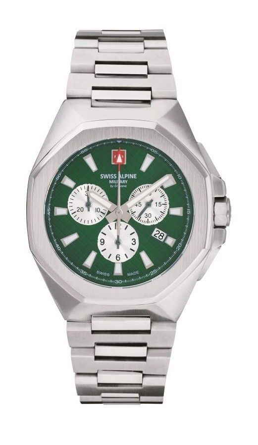 Swiss Alpine Military Typhoon Chrono Stainless Steel Green Dial Quartz 7005.9134 100M Mens Watch