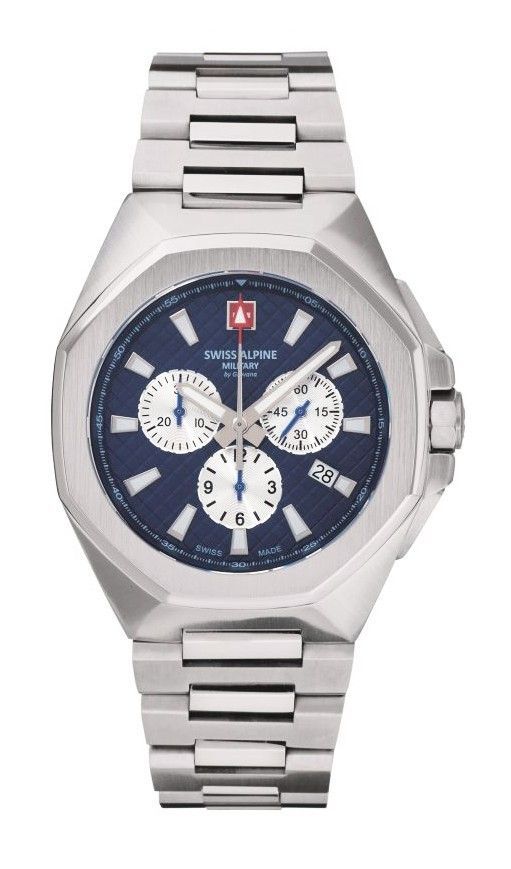 Swiss Alpine Military Typhoon Chrono Stainless Steel Blue Dial Quartz 7005.9135 100M Mens Watch