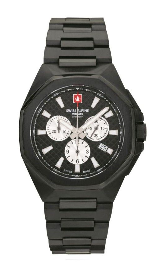 Swiss Alpine Military Typhoon Chrono Stainless Steel Black Dial Quartz 7005.9177 100M Mens Watch