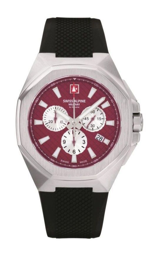 Swiss Alpine Military Typhoon Chrono Polyurethene Strap Burgundy Dial Quartz 7005.9836 100M Mens Watch