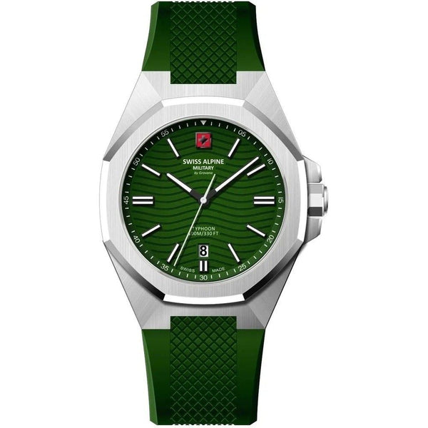 Swiss Alpine Military Typhoon Silicone Strap Green Dial Quartz 7006.1834 100M Mens Watch