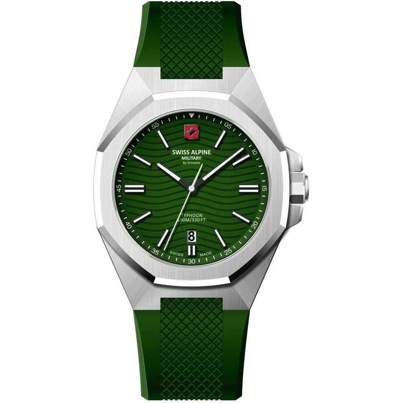 Swiss Alpine Military Typhoon Silicone Strap Green Dial Quartz 7006.1834 100M Mens Watch