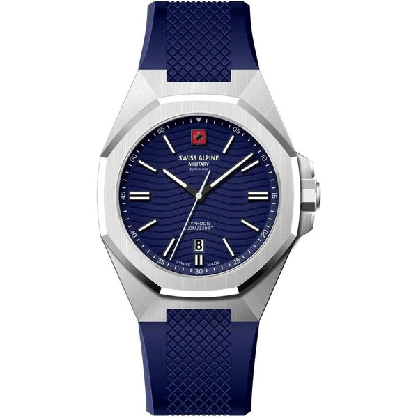 Swiss Alpine Military Typhoon Silicone Strap Blue Dial Quartz 7006.1835 100M Mens Watch