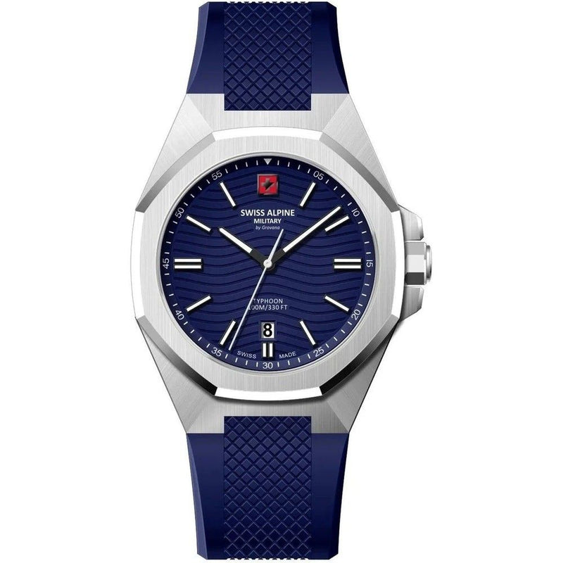 Swiss Alpine Military Typhoon Silicone Strap Blue Dial Quartz 7006.1835 100M Mens Watch