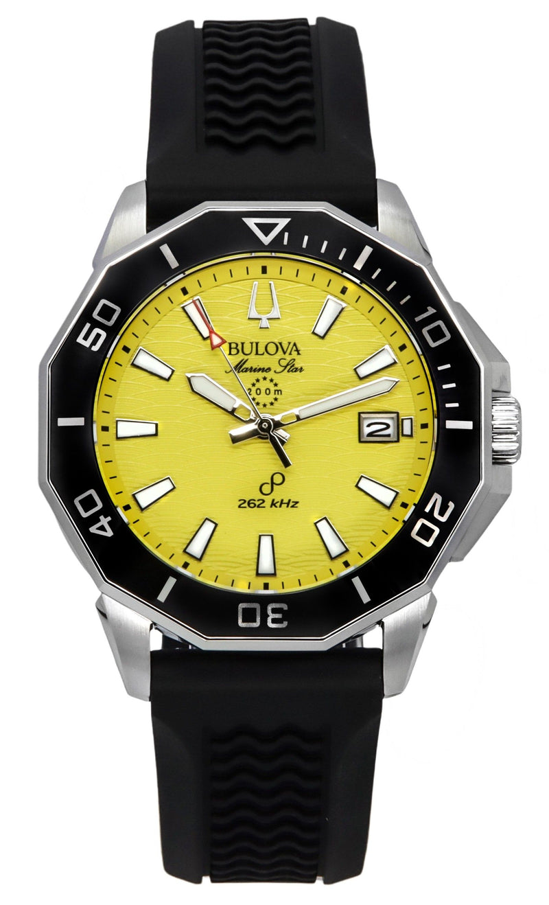 Bulova Marine Star Black Silicone Strap Yellow Dial Precisionist Quartz Diver's 200M 96B431 Men's Watch