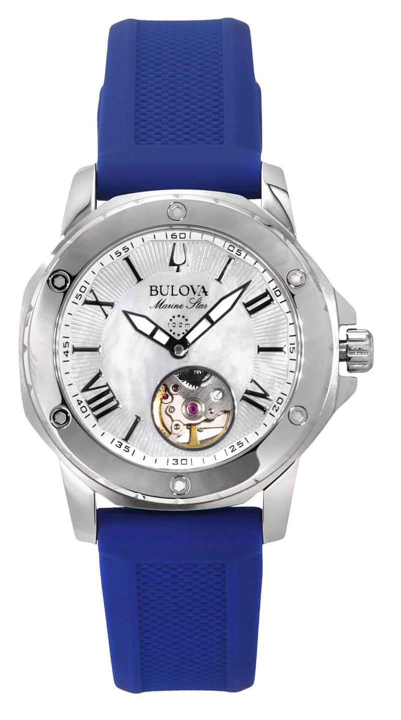 Bulova Marine Star Silicone Strap Mother Of Pearl Dial Automatic 96L324 100M Women's Watch