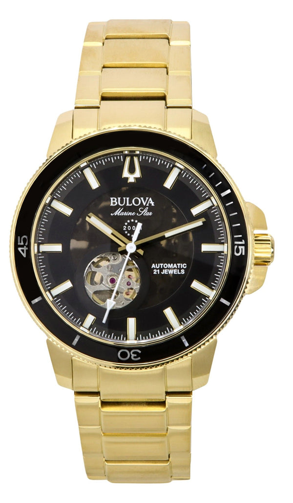 Bulova Marine Star Gold Tone Stainless Steel Black Dial Automatic Diver's 97A174 200M Men's Watch