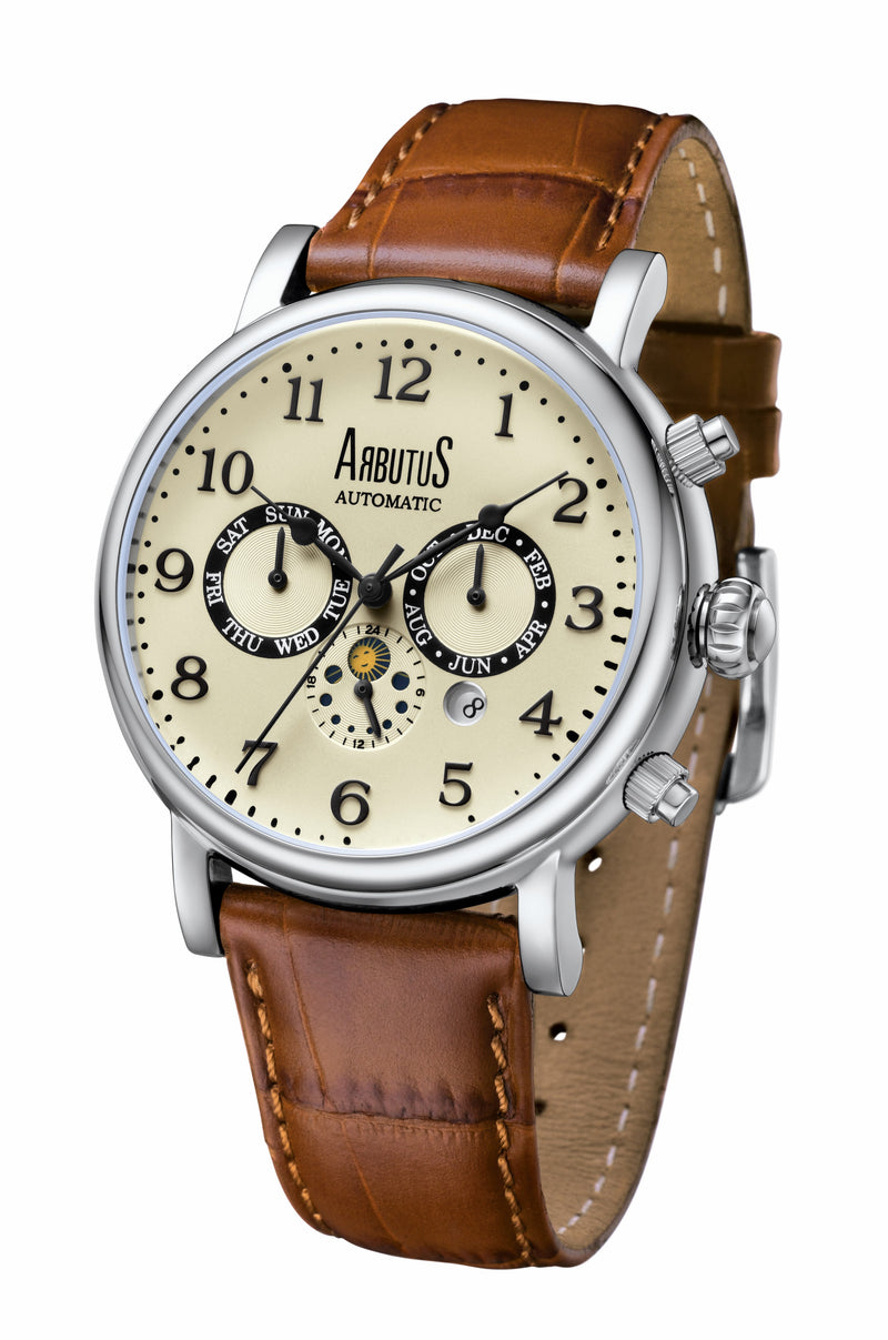 Arbutus Broadway Sun And Moon Phase Leather Strap Ivory Dial Automatic AR1711SIF Men's Watch