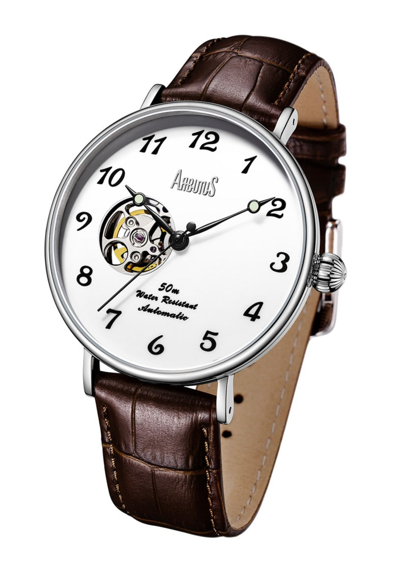 Arbutus Broadway Leather Strap White Open Heart Dial Automatic AR1805SWF Unisex Watch