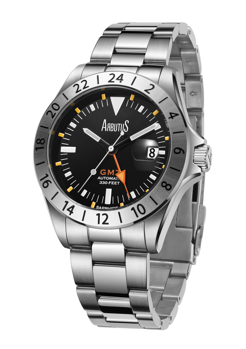 Arbutus Limited Edition GMT Stainless Steel Black Dial Automatic AR9922SBS 100M Men's Watch