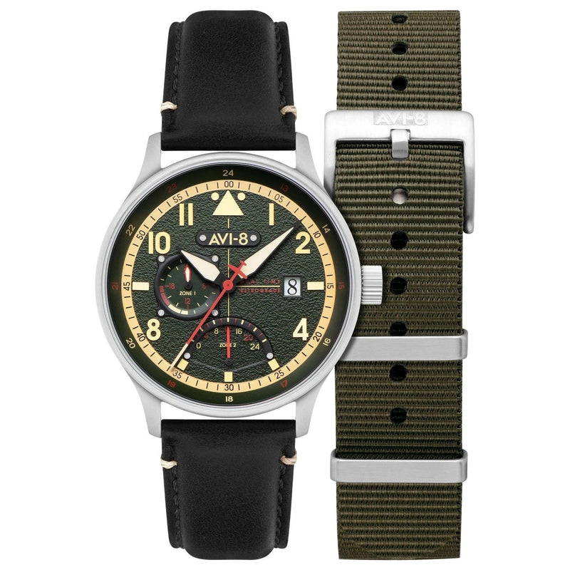 AVI-8 Hawker Hurricane Mckellar Dual Time Gothic Green Dial Quartz AV-4101-0A Men's Watch With Extra Strap