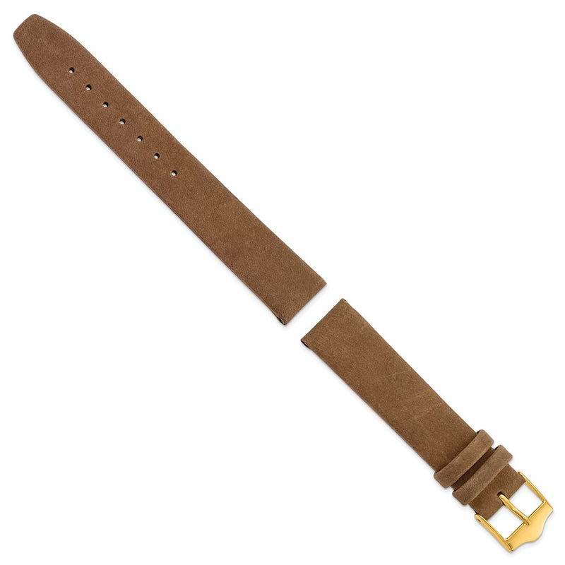 DeBeer 17mm Dark Brown Suede Flat Leather with Gold-tone Buckle 7.75 inch Watch Band