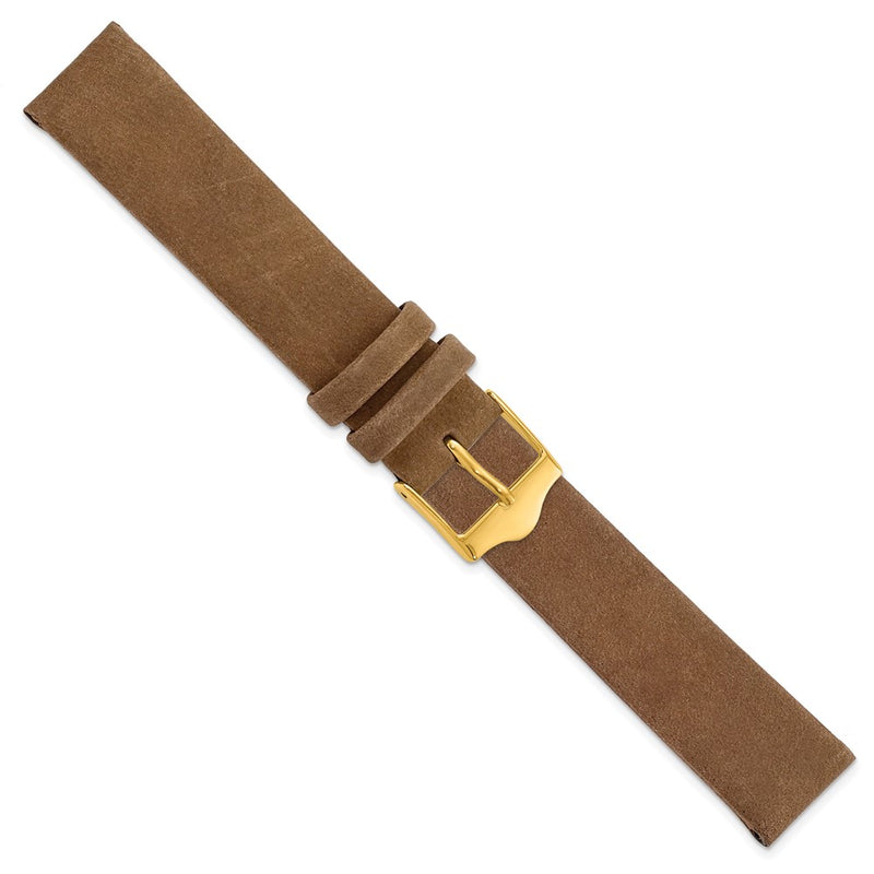 DeBeer 17mm Dark Brown Suede Flat Leather with Gold-tone Buckle 7.75 inch Watch Band