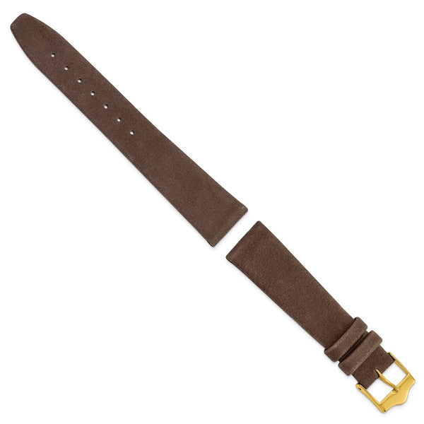 DeBeer 19mm Dark Brown Suede Flat Leather with Gold-tone Buckle 7.75 inch Watch Band