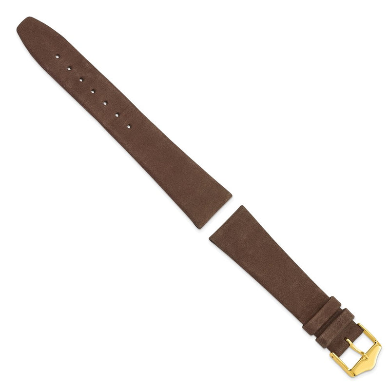 DeBeer 20mm Dark Brown Suede Flat Leather with Gold-tone Buckle 7.75 inch Watch Band