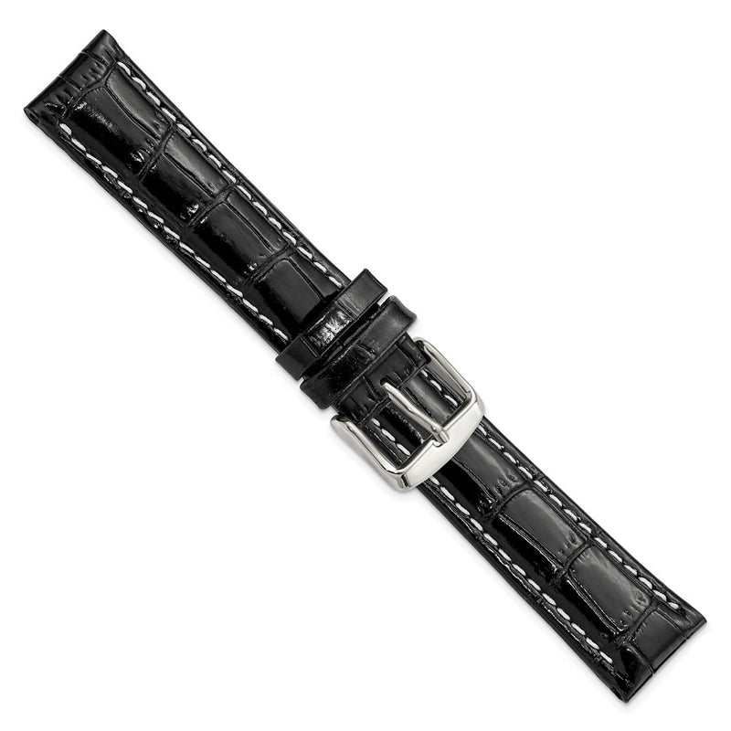 DeBeer 18mm Black Crocodile Grain Chronograph Leather with White Stitching and Sliver-tone Buckle 7.5 inch Watch Band