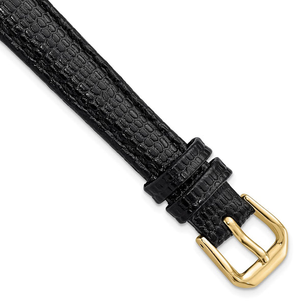 DeBeer 12mm Black Lizard Grain Leather with Gold-tone Buckle 6.75 inch Watch Band