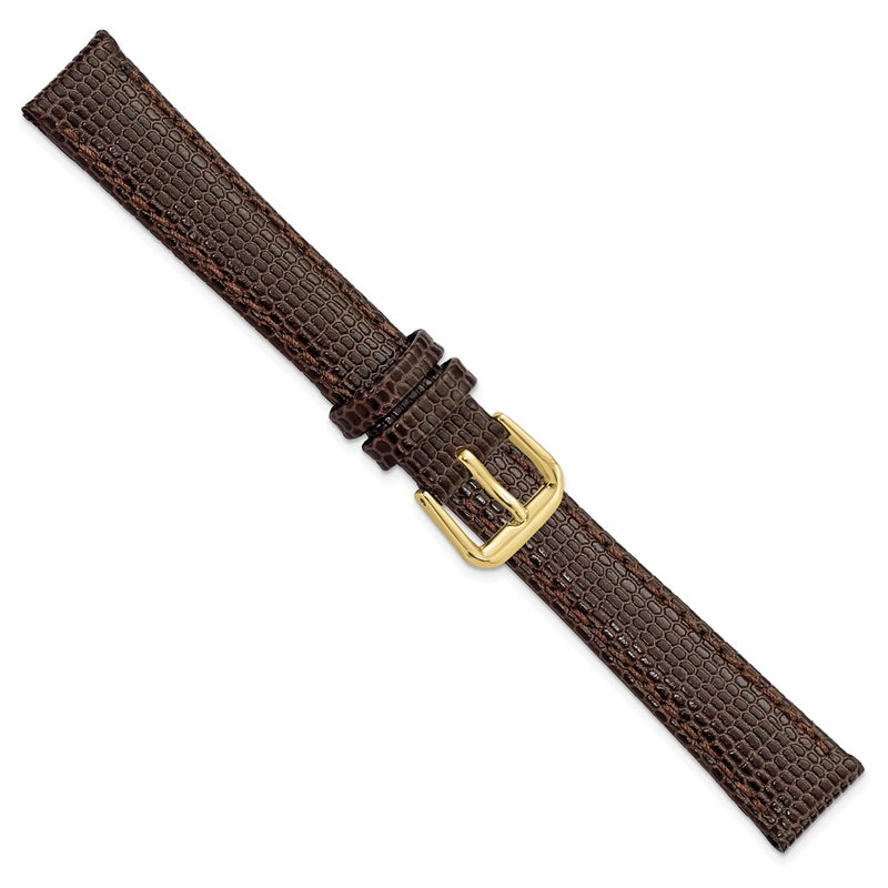DeBeer 14mm Dark Brown Lizard Grain Leather with Gold-tone Buckle 6.75 inch Watch Band