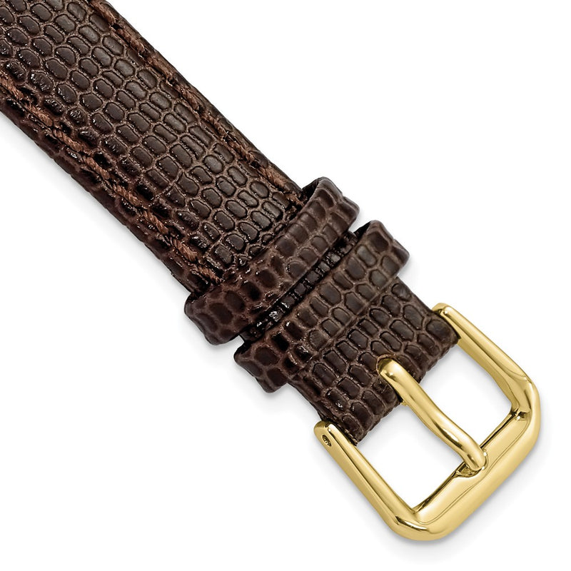 DeBeer 14mm Dark Brown Lizard Grain Leather with Gold-tone Buckle 6.75 inch Watch Band