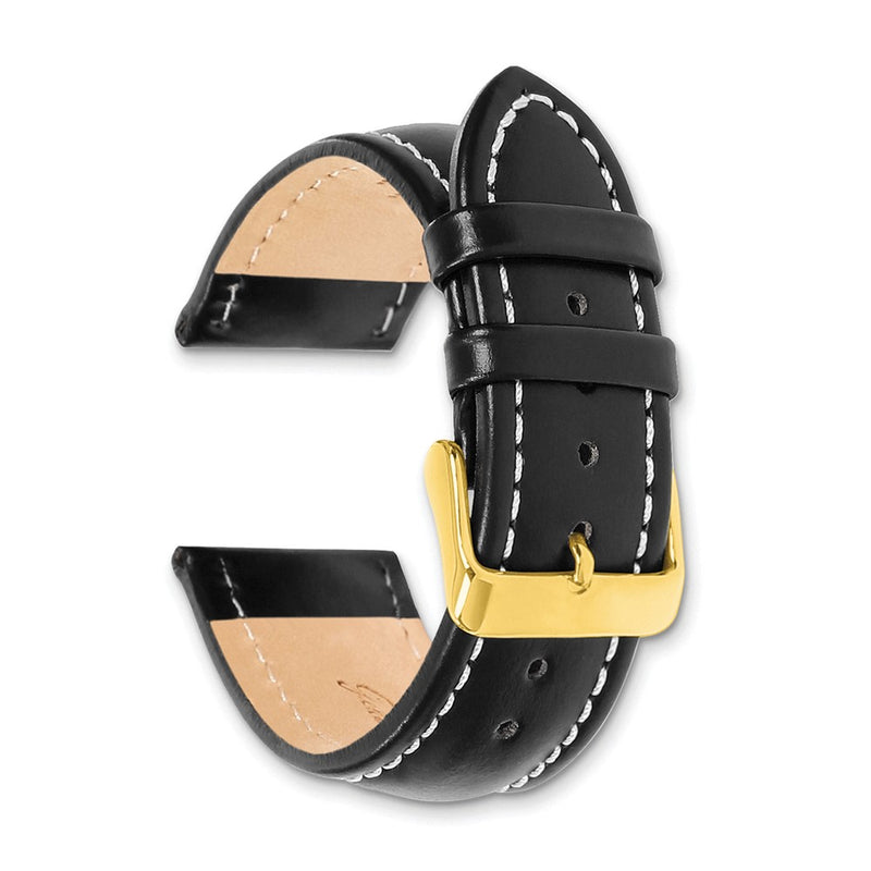 DeBeer 18mm Black Oil-tanned Leather with White Stitching and Gold-tone Buckle 7.5 inch Watch Band