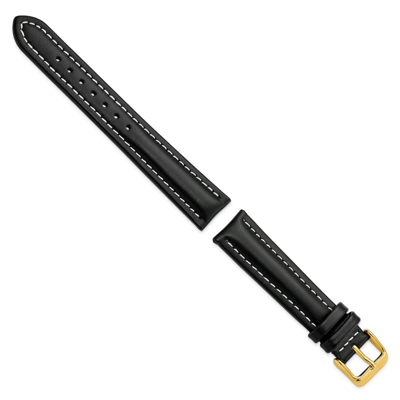 DeBeer 18mm Black Oil-tanned Leather with White Stitching and Gold-tone Buckle 7.5 inch Watch Band