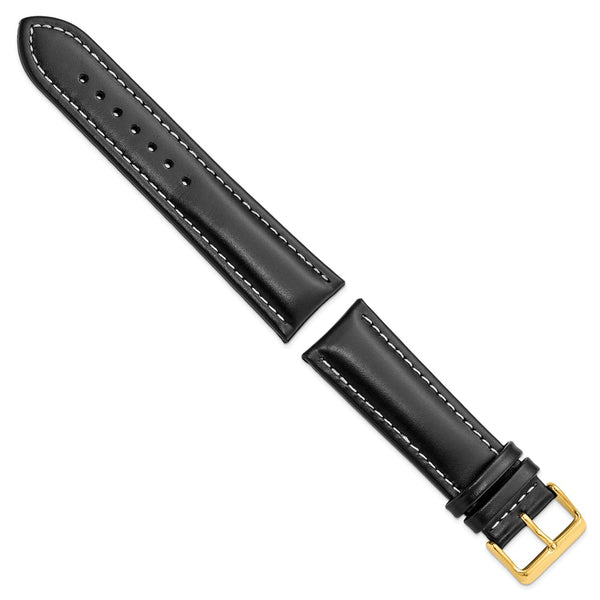 DeBeer 24mm Black Oil-tanned Leather with White Stitching and Gold-tone Buckle 7.5 inch Watch Band
