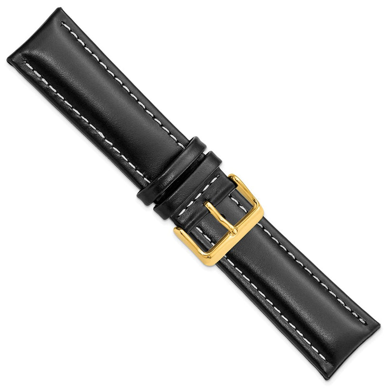 DeBeer 24mm Black Oil-tanned Leather with White Stitching and Gold-tone Buckle 7.5 inch Watch Band
