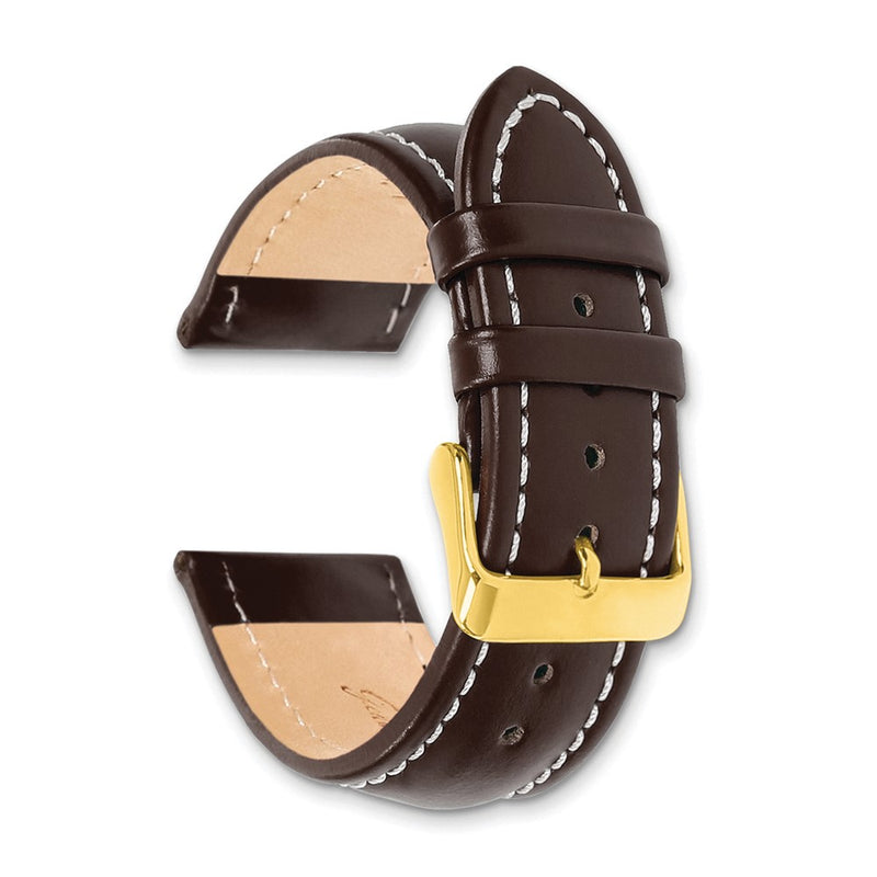 DeBeer 22mm Dark Brown Oil-tanned Leather with White Stitching and Gold-tone Buckle 7.5 inch Watch Band