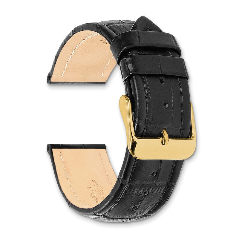 DeBeer 19mm Black Matte Alligator Grain Leather with Gold-tone Buckle 7.5 inch Watch Band