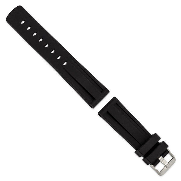 DeBeer 22mm Black Grooved Silicone Rubber with Brushed Stainless Steel Buckle 8 inch Watch Band