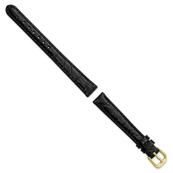DeBeer 12mm Black Alligator Grain Leather with Gold-tone Buckle 6.75 inch Watch Band