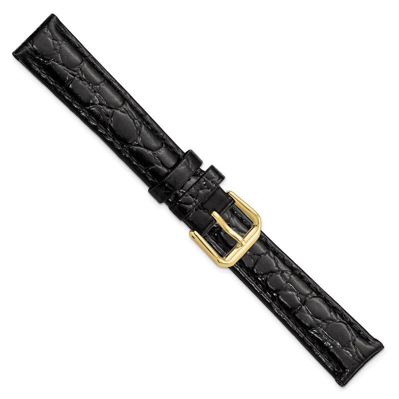 DeBeer 16mm Black Alligator Grain Leather with Gold-tone Buckle 7.5 inch Watch Band