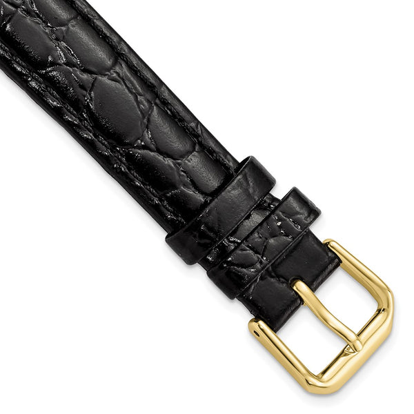 DeBeer 16mm Black Alligator Grain Leather with Gold-tone Buckle 7.5 inch Watch Band