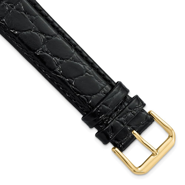 DeBeer 19mm Black Alligator Grain Leather with Gold-tone Buckle 7.5 inch Watch Band