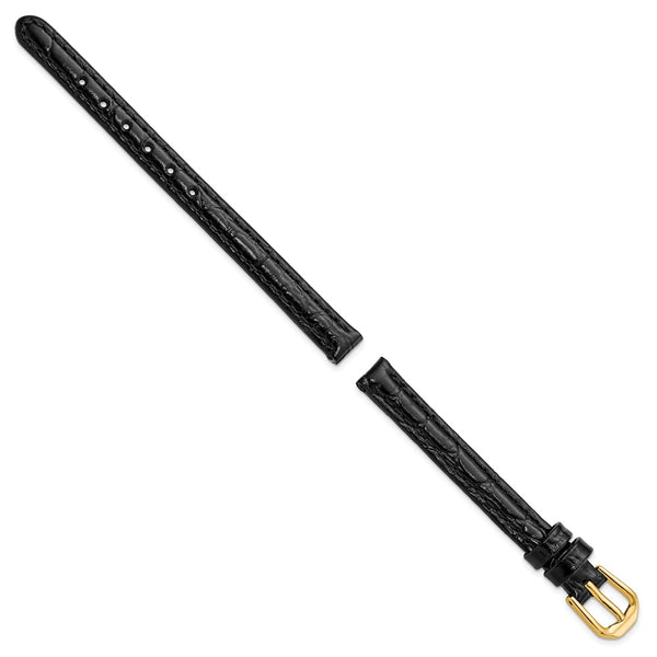 DeBeer 8mm Black Alligator Grain Leather with Gold-tone Buckle 6.75 inch Watch Band