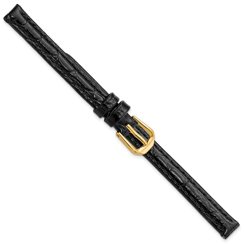 DeBeer 8mm Black Alligator Grain Leather with Gold-tone Buckle 6.75 inch Watch Band