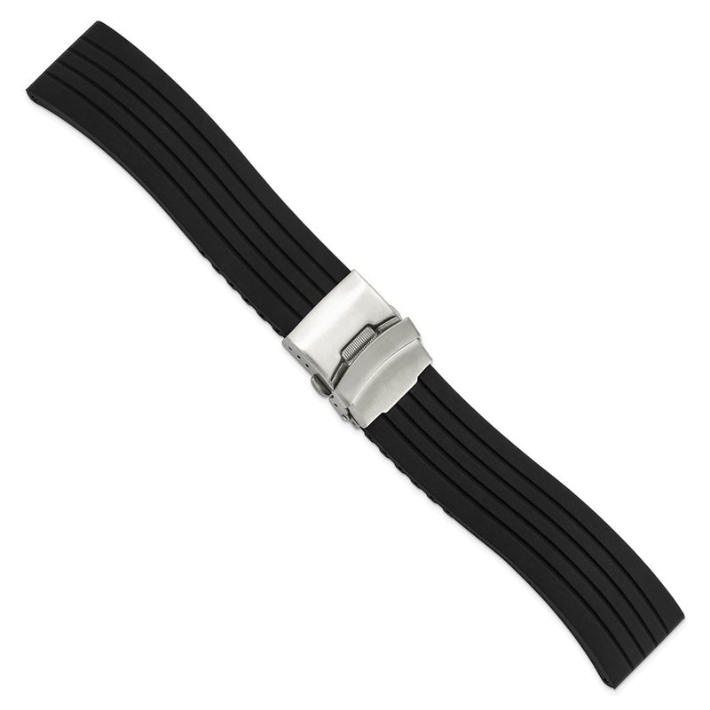 DeBeer 24mm Oris Style Black Striped Silicone Rubber with Brushed Stainless Steel Deployment Buckle 7.25 inch Watch Band