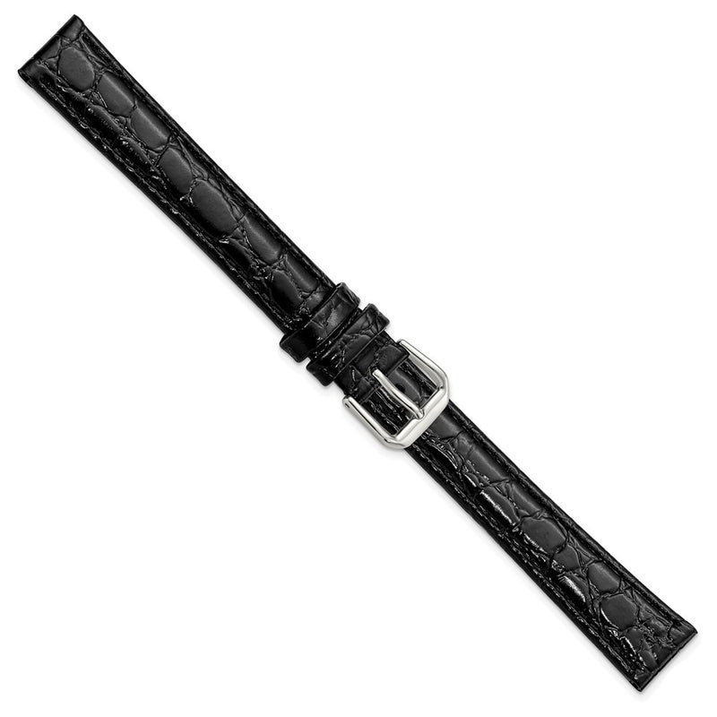 DeBeer 16mm Extra Long Black Alligator Grain Leather with Silver-tone Buckle 9.5 inch Watch Band